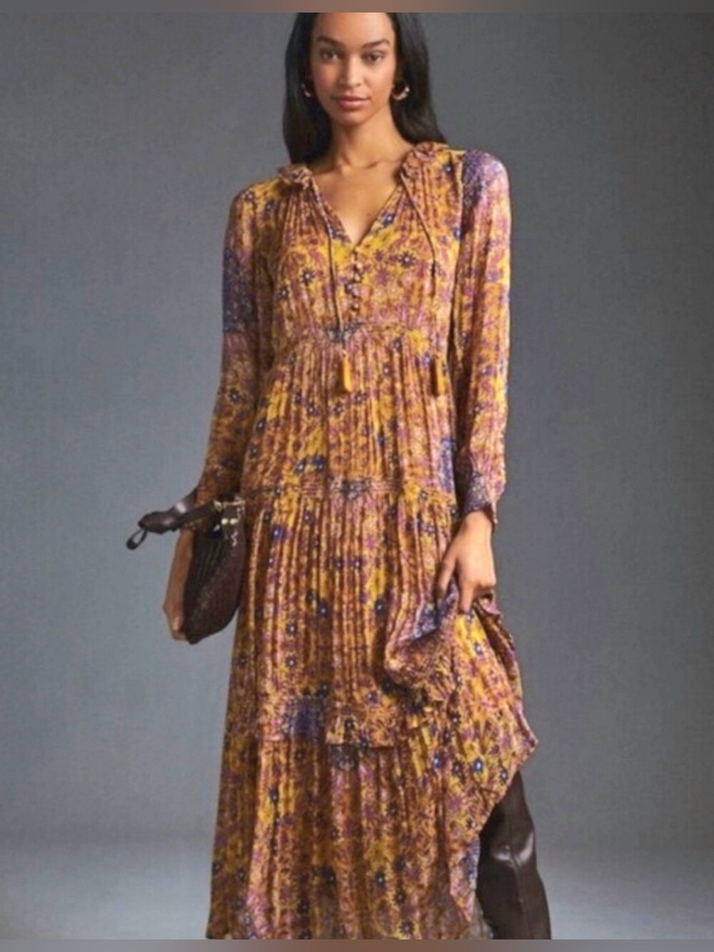 Anthropologie Floral Tiered Maxi Dress Size Small Mustard Purple Boho